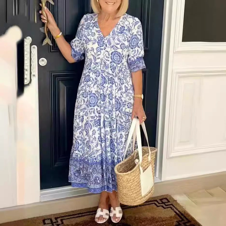Felipa® | Vestido Maxi Floral de V-Cuello para Tallas Grandes