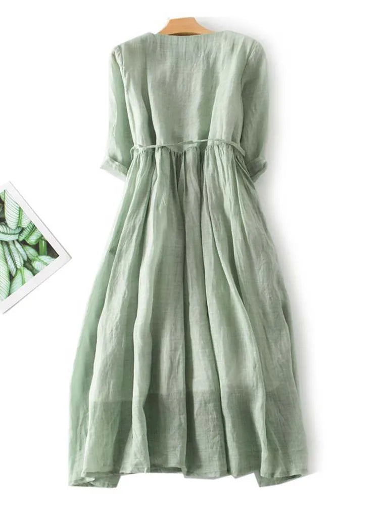 Delfina® | Vestido de Estilo Retro para Mujer con Cuello Redondo y Cintura con Lazos