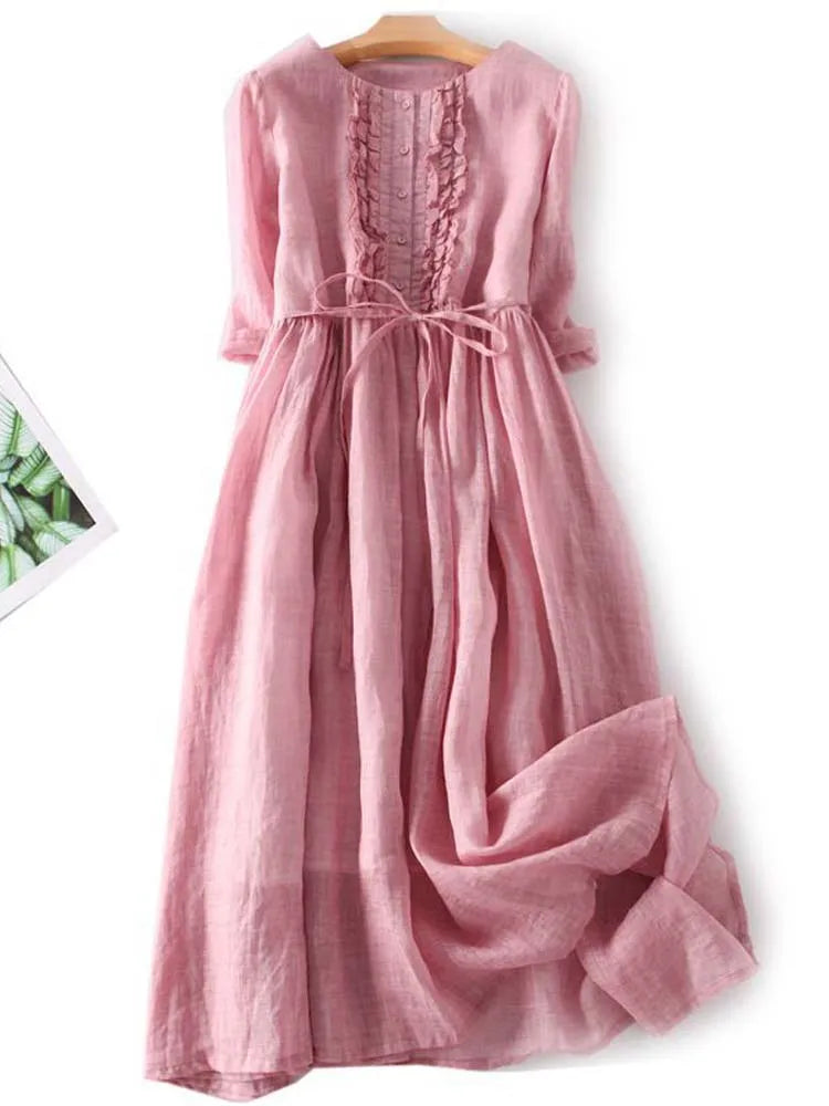 Delfina® | Vestido de Estilo Retro para Mujer con Cuello Redondo y Cintura con Lazos